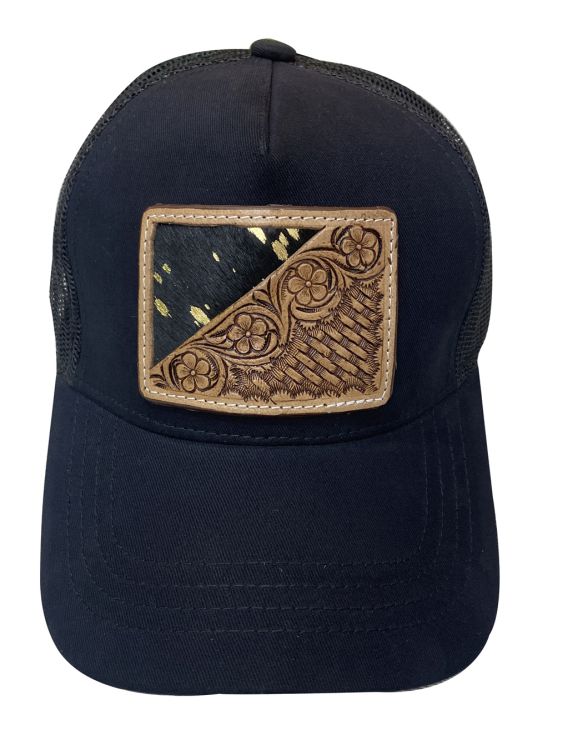 Women's Ponytail Adjustable Baseball Cap - Blk & Gold Hair on Cowhide/Floral Tooled Leather