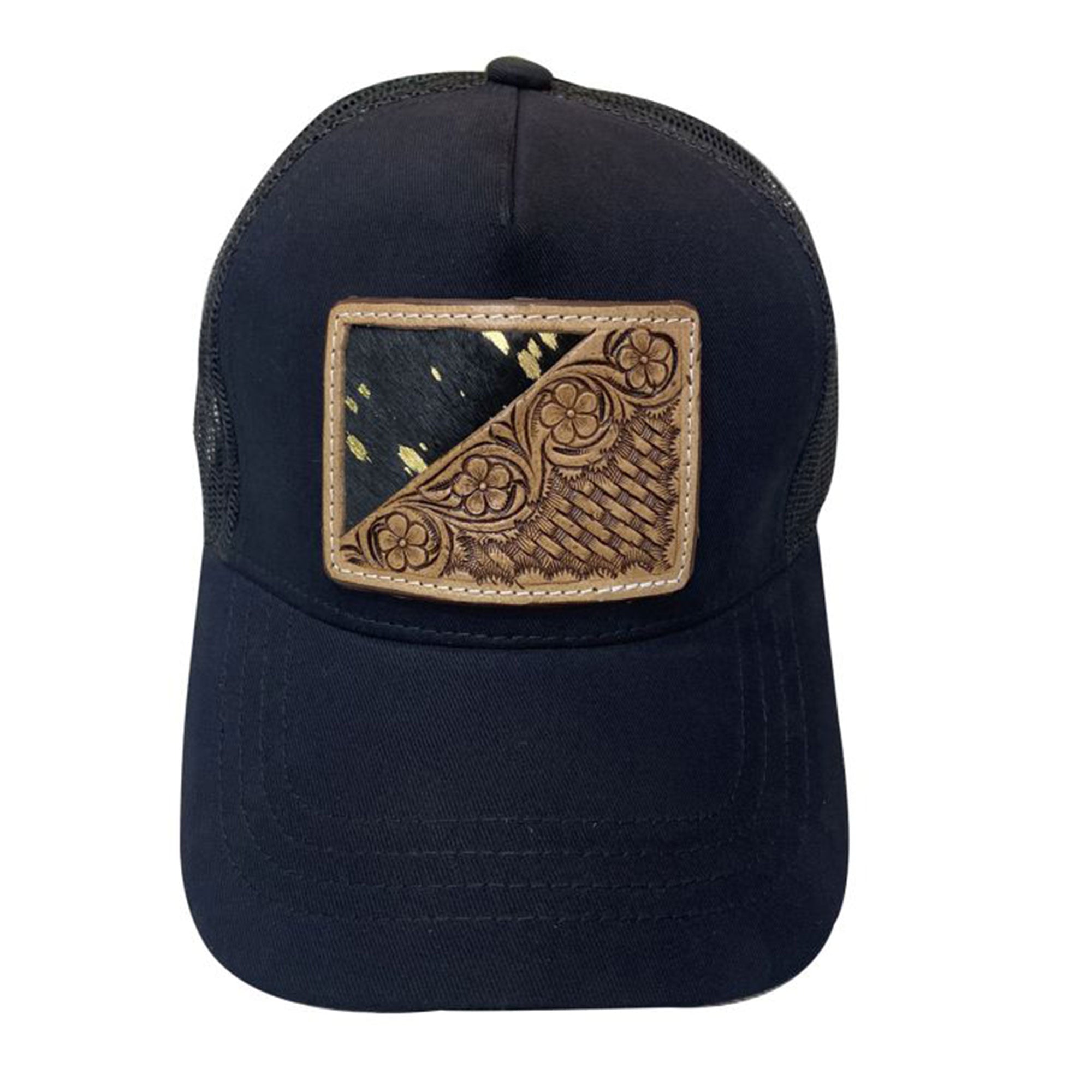 Women's Ponytail Adjustable Baseball Cap - Blk & Gold Hair on Cowhide/Floral Tooled Leather