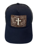 Women's Ponytail Adjustable Baseball Cap - Cross Hair on Cowhide Inlay/Tooled Leather