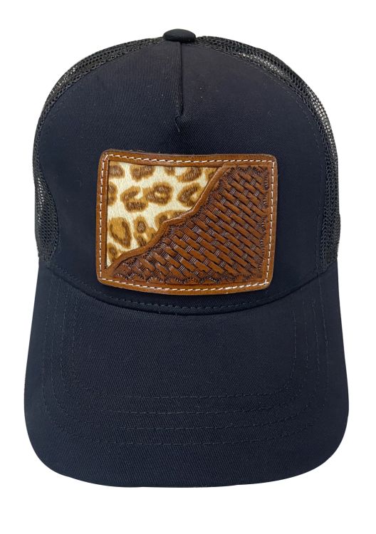 Women's Ponytail Adjustable Baseball Cap - Cheetah Hair on Cowhide/Basket Tooled Leather