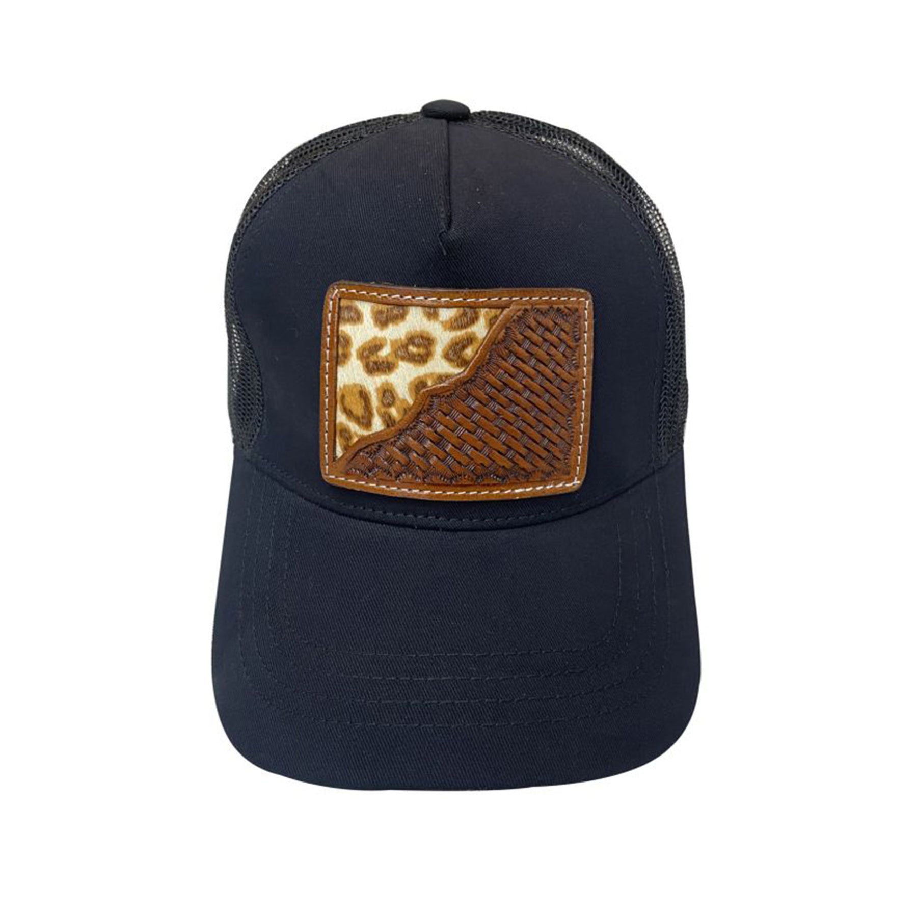 Women's Ponytail Adjustable Baseball Cap - Cheetah Hair on Cowhide/Basket Tooled Leather