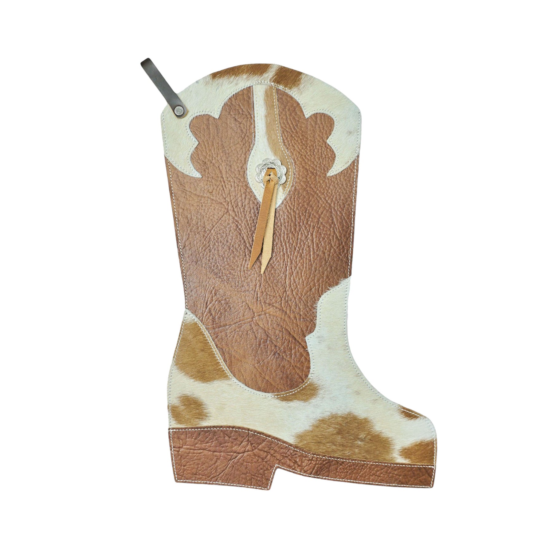 Showman Cowboy Boot Christmas Stocking - Brown and White Cowhide with Brown Leather