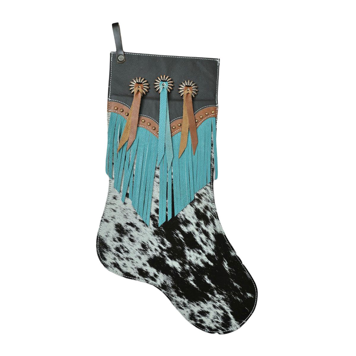 Showman Cowhide Christmas Stocking - Cyan Cascade Fringe