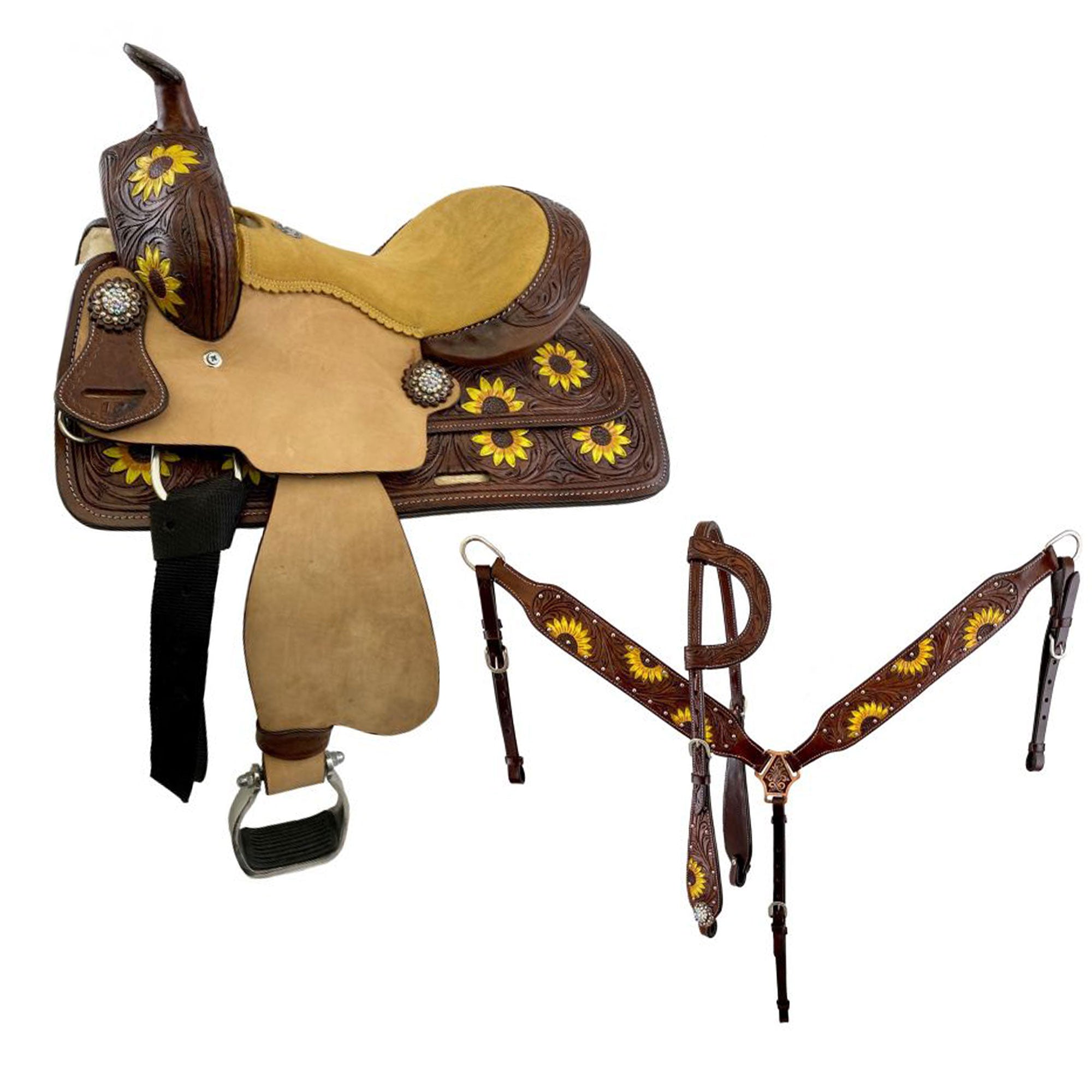 Double T Barrel Style Saddle Set with Hand Painted Sunflowers - 12 Inch