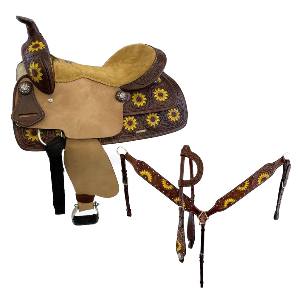 15", 16" Double T Barrel Style Saddle Set with Hand Painted Sunflower Design