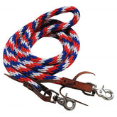 Showman 96" Red, white and blue braided nylon barrel style reins with scissor snap ends