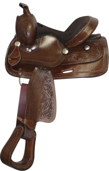 10" Double T Pony/ Youth saddle with floral and basket weave tooling