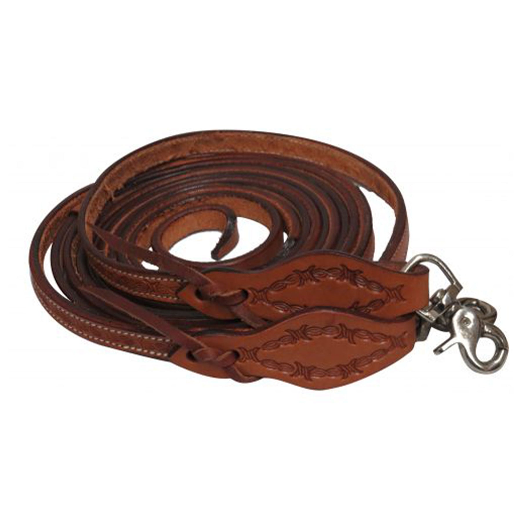 Showman 5/8" x 8ft Argentina cow leather barbed wire tooled split reins with scissor snap ends