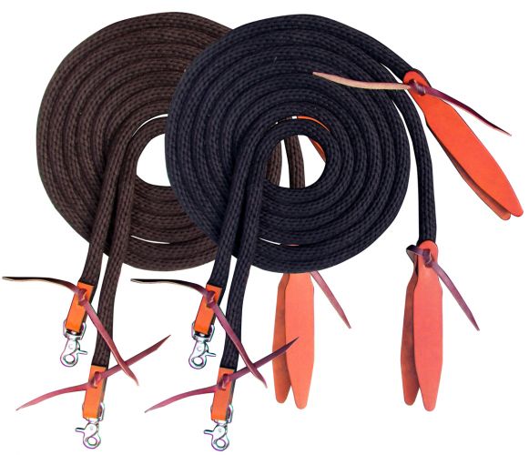 Showman 8ft round braided nylon split reins with leather poppers