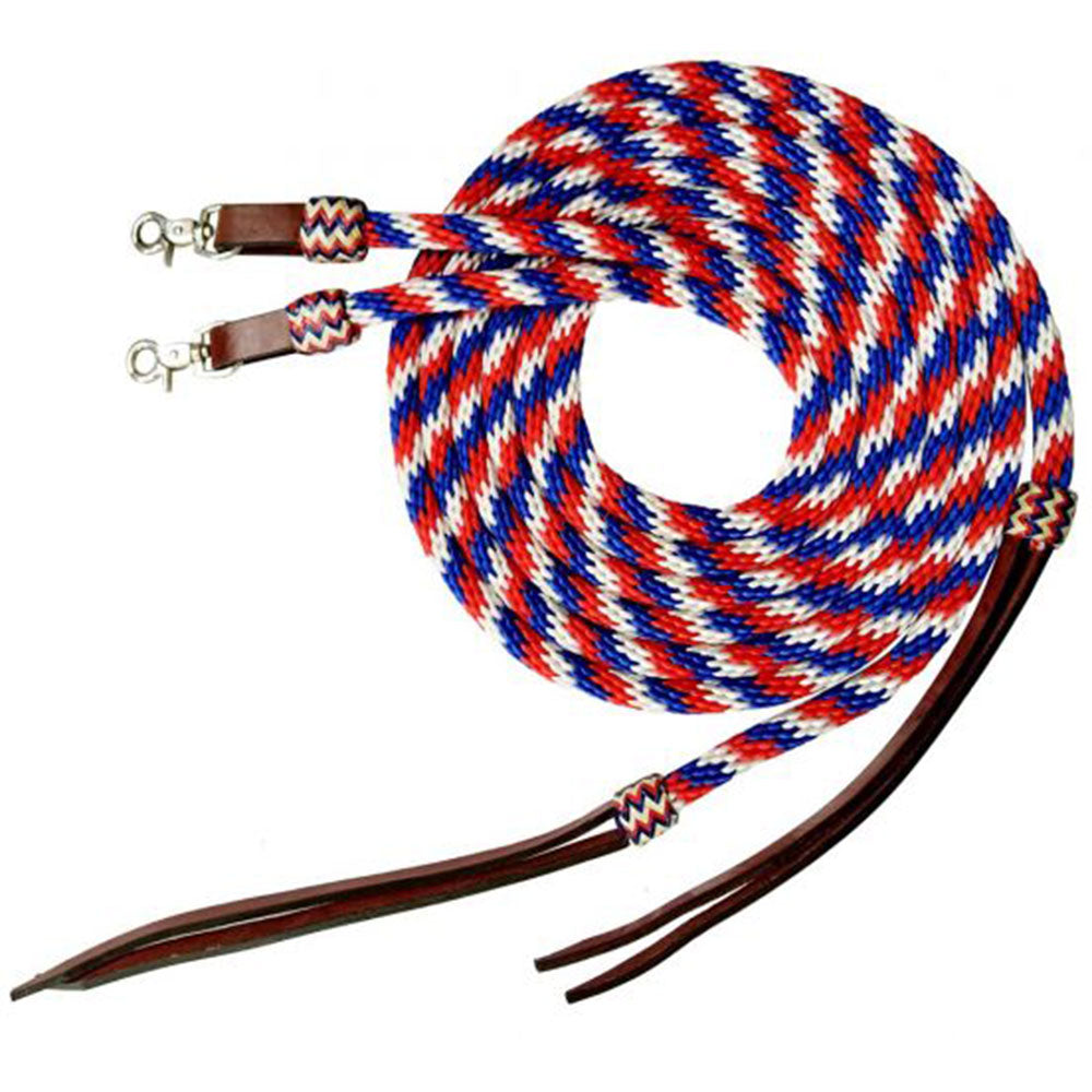 Showman 8ft Red, White, and Blue round braided nylon split reins with leather poppers