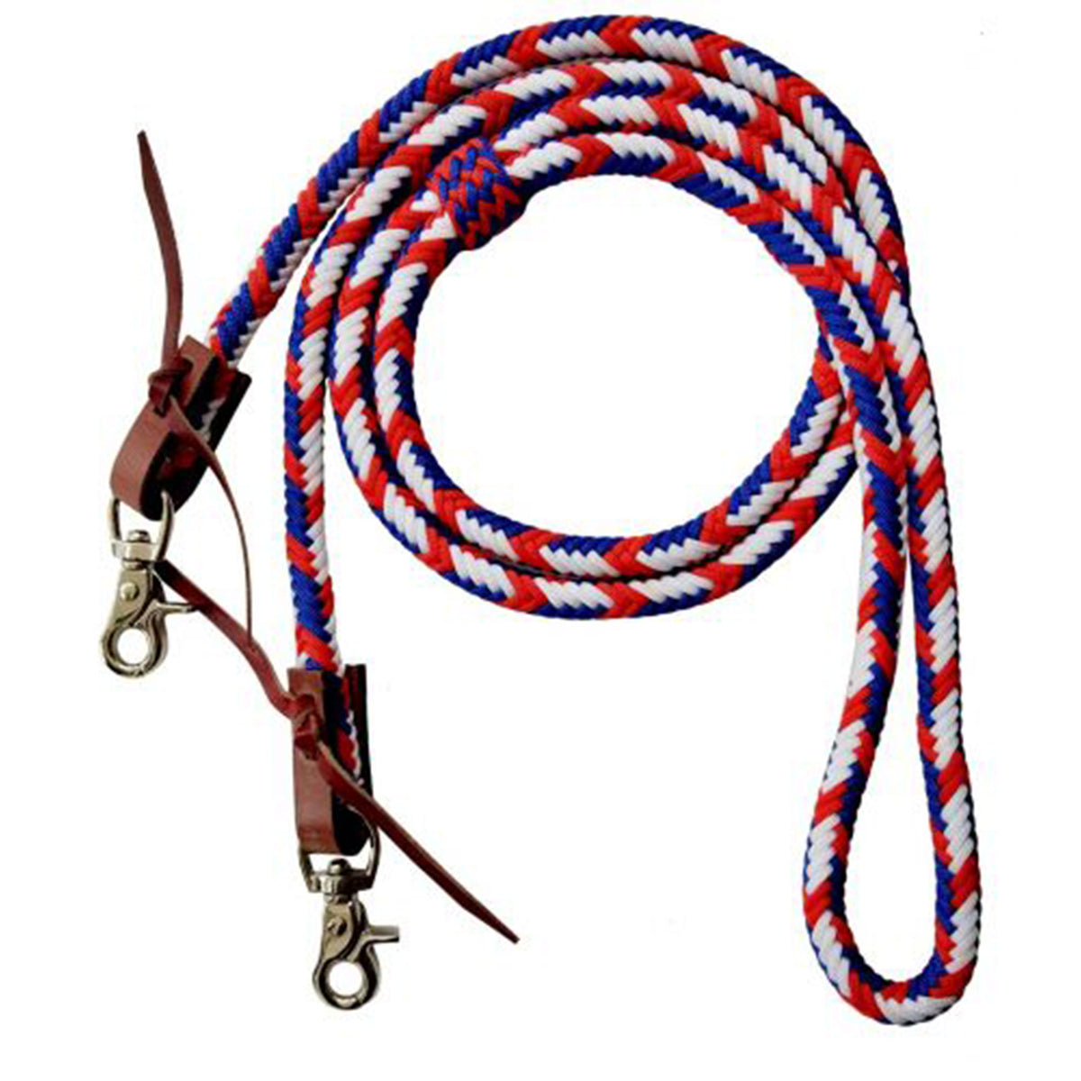 Showman 8ft Red, White, and Blue braided nylon barrel reins with scissor snap ends