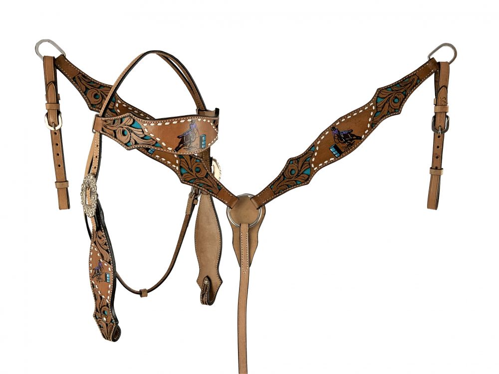 Showman Hand painted barrel racer design headstall and breast collar set with conchos