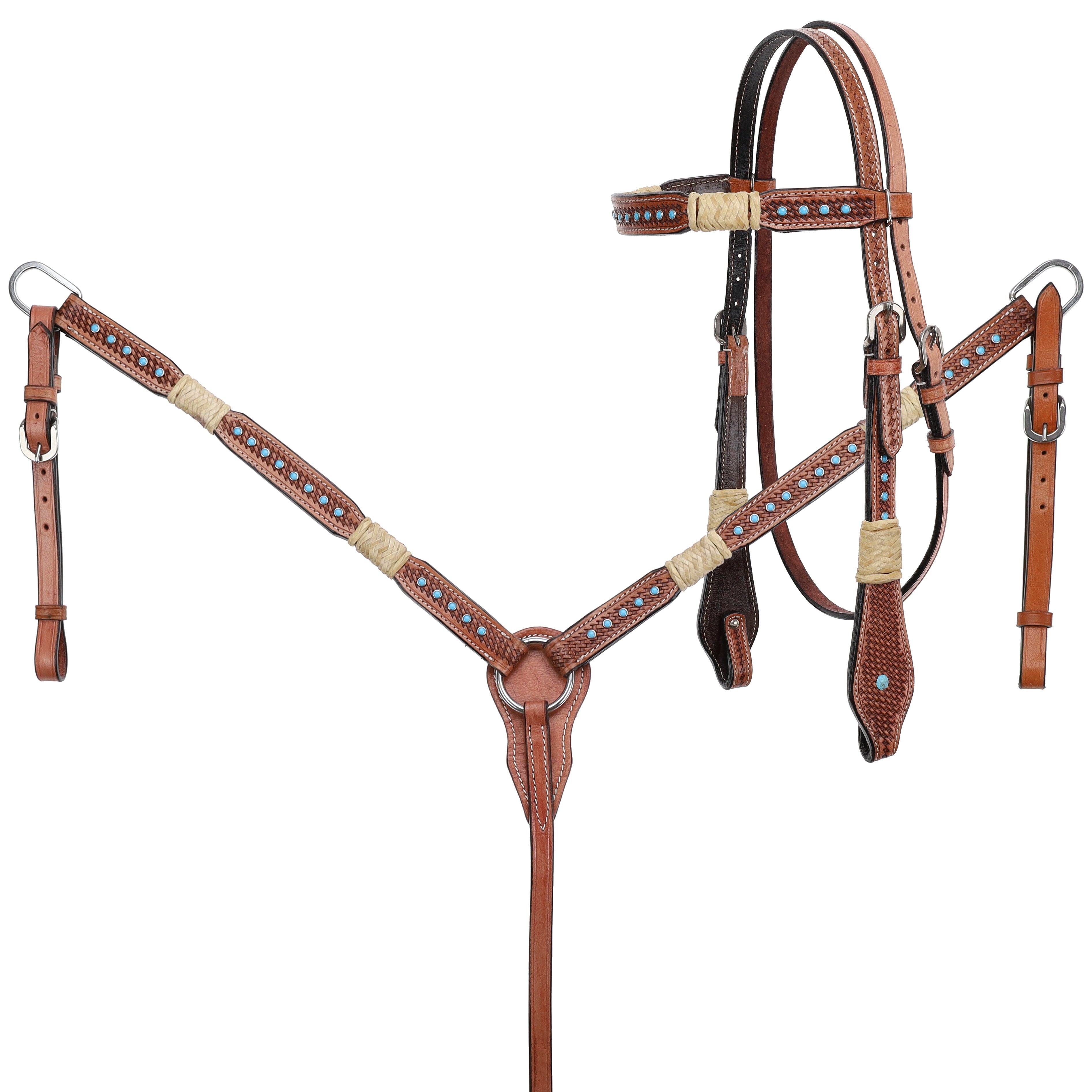 Showman Rawhide Braided Headstall and Breastcollar Set with Turquoise Studs