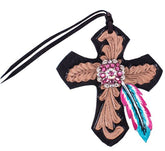 Showman Black Tie On Leather Cross with Pink and Turquoise Feather