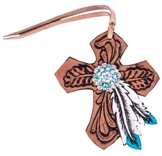Showman Tie On Leather Cross with Turquoise Feather