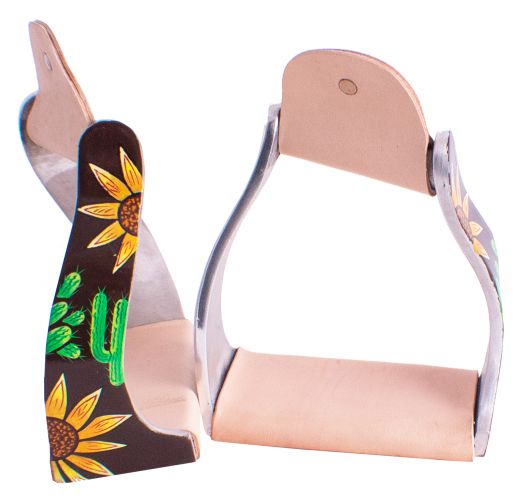 Showman Lightweight twisted angled aluminum stirrups with sunflower and cactus overlay