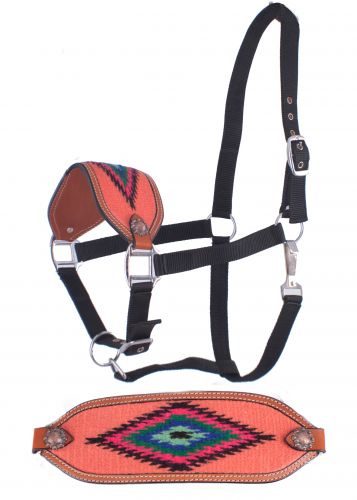 Showman Adjustable nylon bronc halter with a embroidered pink noseband