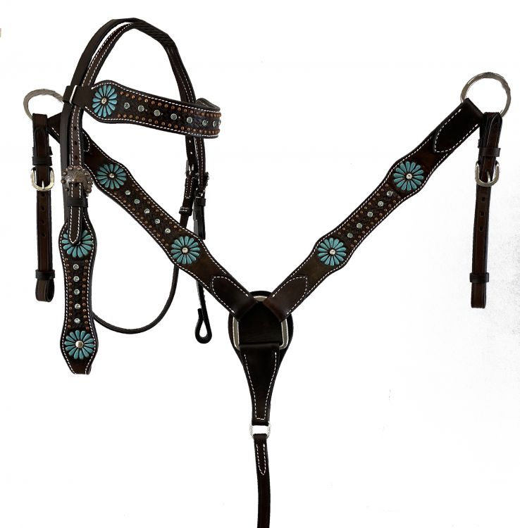 Showman Large Pony/ Small Horse size Dark brown leather headstall and breast collar set with painted turquoise flower and turquoise stones