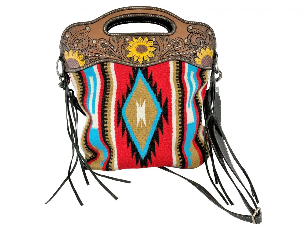 Showman Southwest Saddle blanket handbag with genuine leather floral tooled handle accented with painted sunflowers includes carry strap, fringe and zip closure