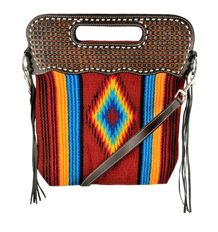 Showman Bright Southwest Saddle blanket handbag with genuine leather floral tooled handle