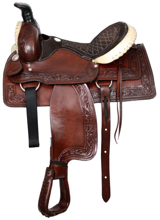16" Buffalo roper style saddle with silver laced rawhide cantle and pommel