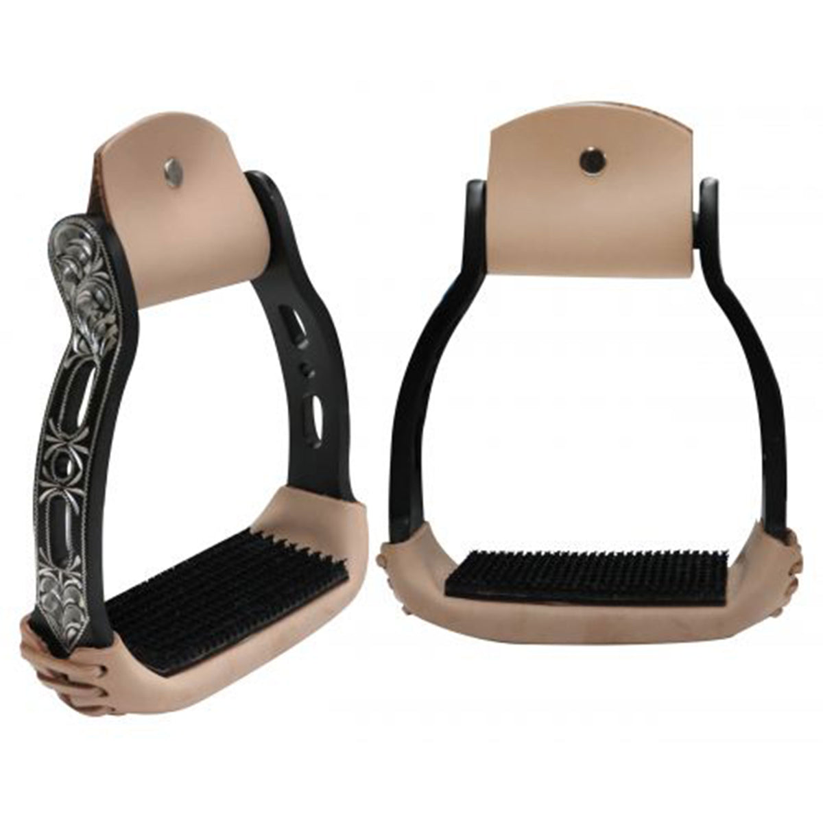 Showman Lightweight Black Aluminum Stirrups with Engravings and Cut Outs