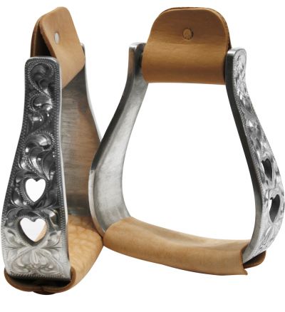 Showman aluminum polished engraved stirrups with cut out heart design