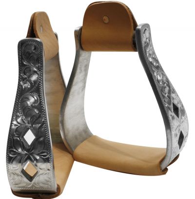 Showman aluminum polished engraved stirrups with cut out diamond design