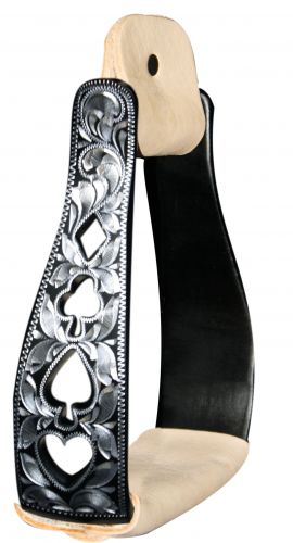 Showman Black Aluminum Stirrups with Silver Engraving and Cut Out Poker Suit Designs