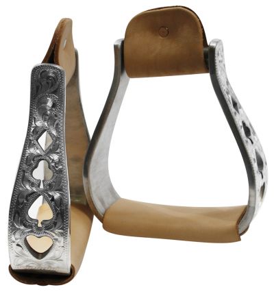 Showman aluminum polished engraved stirrups with cut out poker design