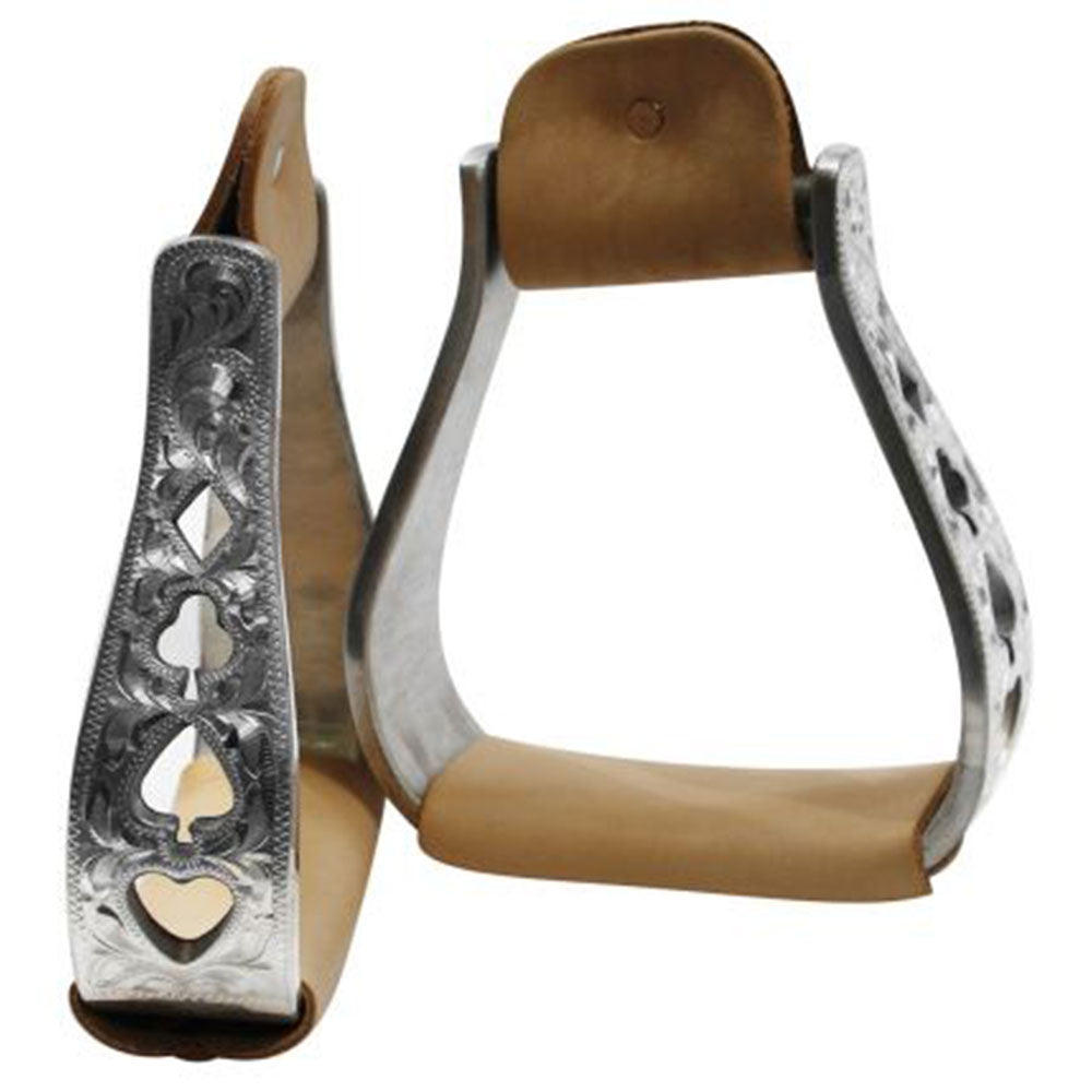 Showman aluminum polished engraved stirrups with cut out poker design