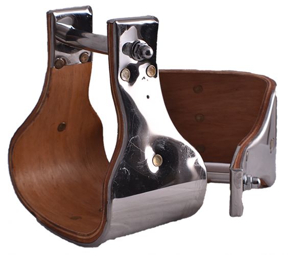 Showman Polished stainless steel covered wood stirrups with 4" tread