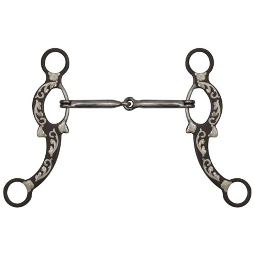 Showman 5" Brown Snaffle Bit with Engraved Silver Overlays