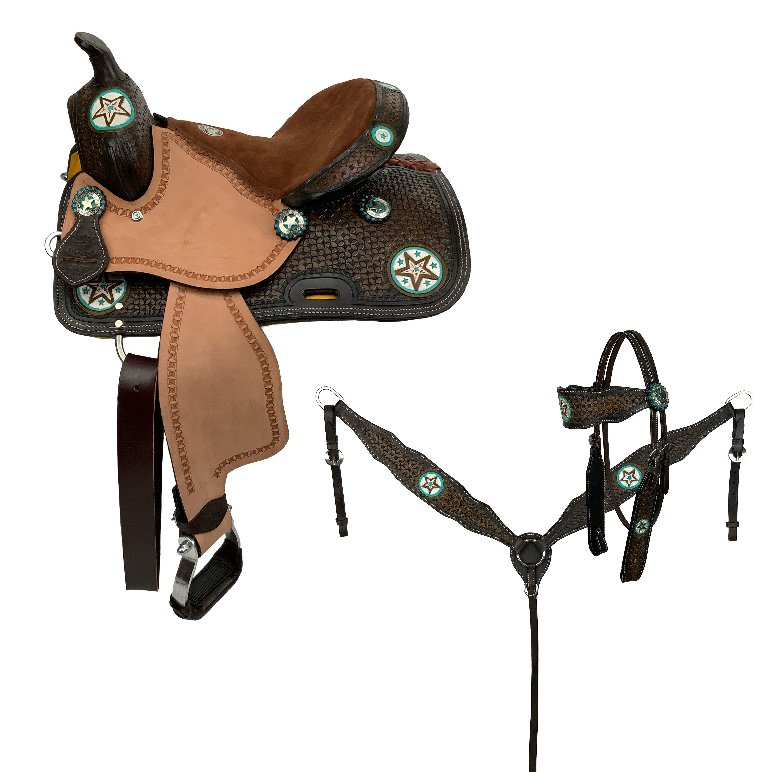 Ensemble de selle Western Barrel Horse Tack en cuir avec coiffe et Ensemble de selle Western Barrel Horse Tack en cuir avec coiffe et