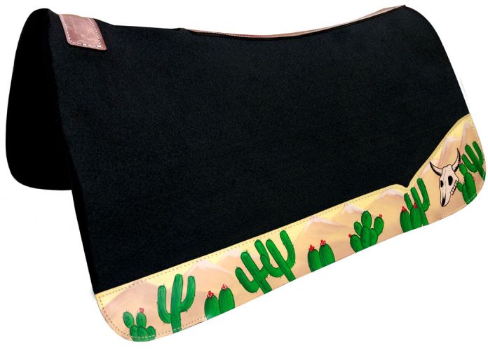 Showman 32" x 31" Black felt saddle pad with hand painted cactus and skull wear leathers