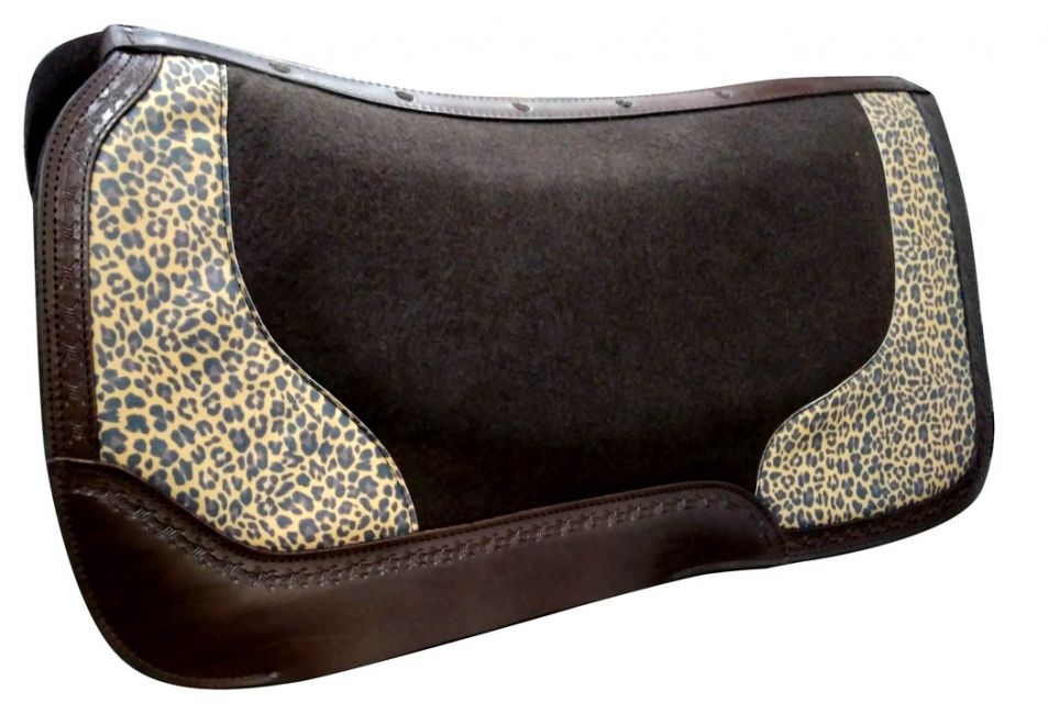 Showman Argentina Leather saddle pad with Cheetah print and barbwire tooling