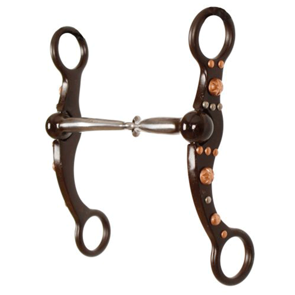 Showman brown steel snaffle bit with engraved copper studs and silver accents on the cheeks