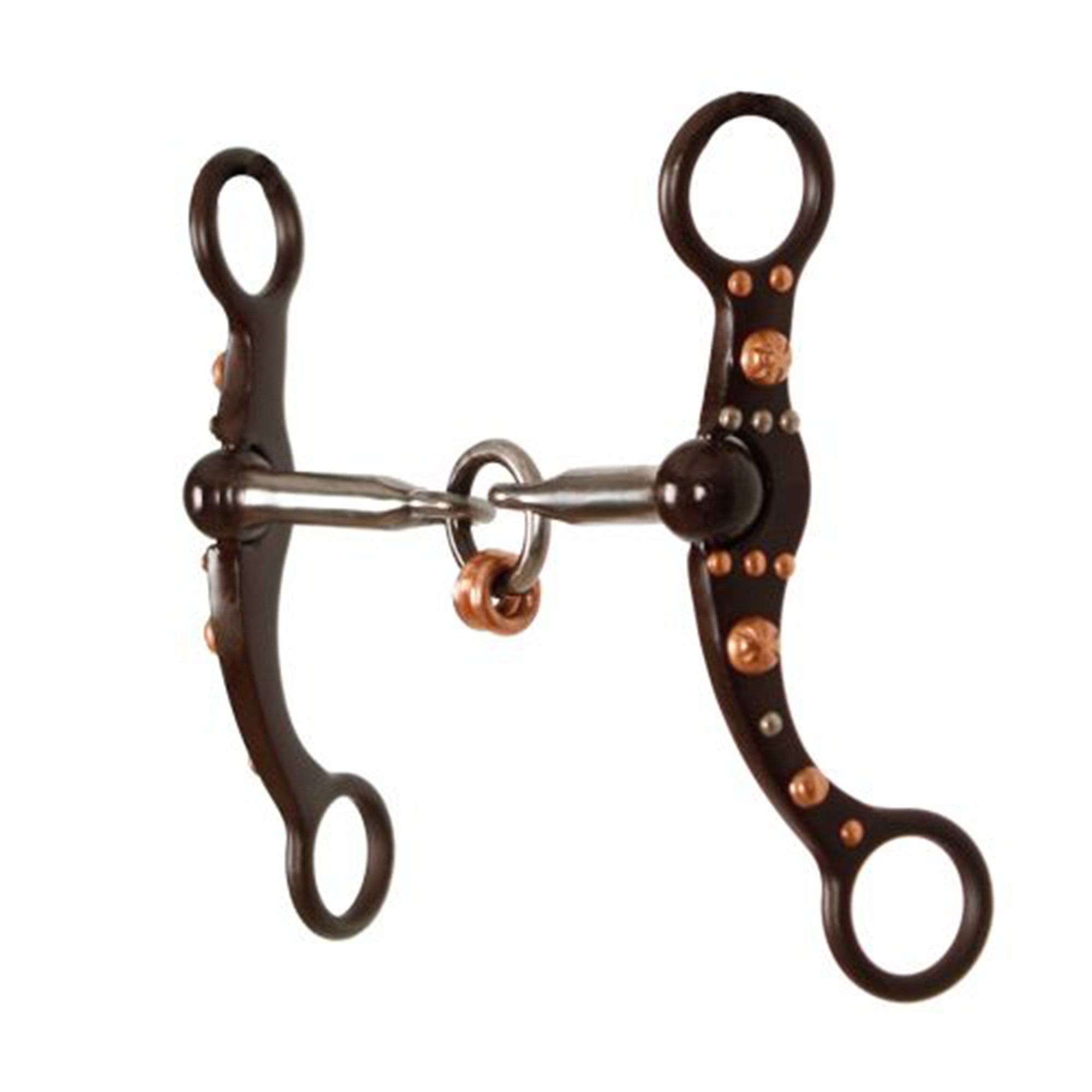 Showman brown steel bit with engraved copper studs and silver accents on the cheeks