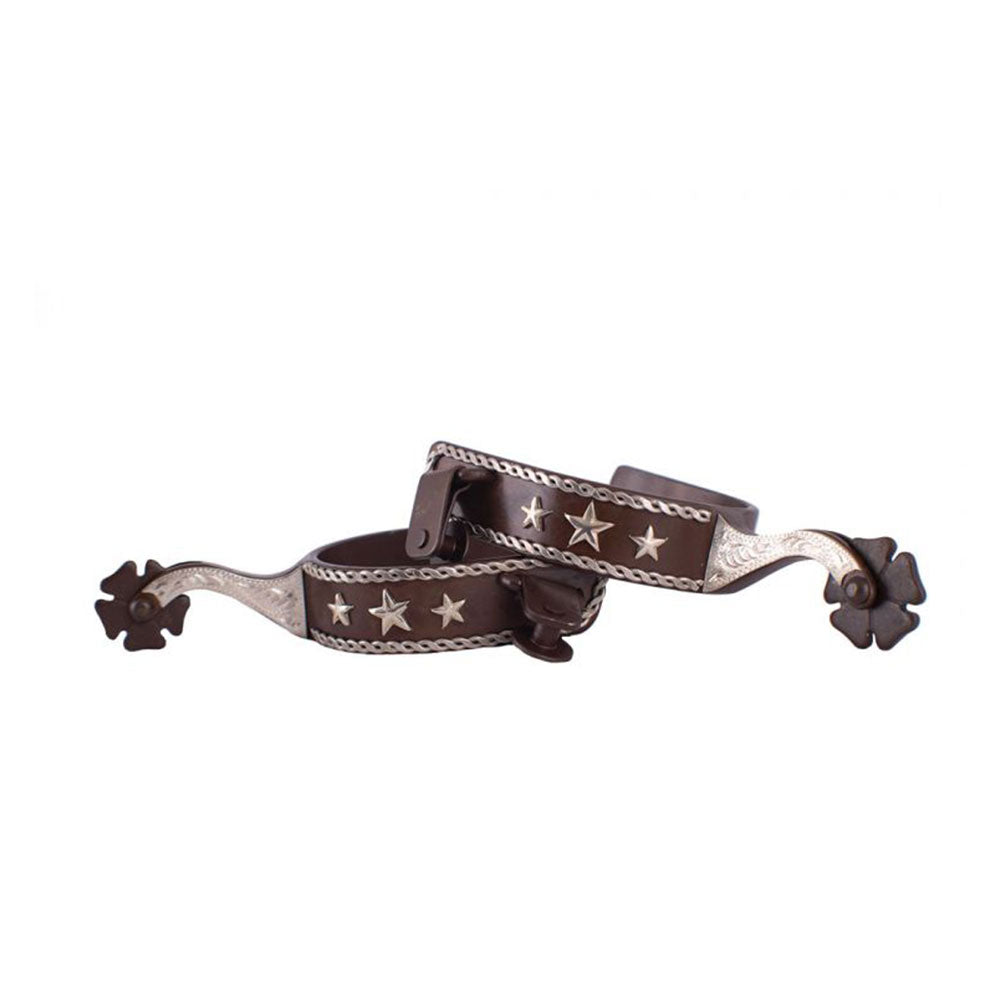 Showman Men's size brown steel spur with silver rope border and stars with silver engraved overlay
