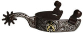 Showman men's size brown steel silver show spur with silver engraved accents and gold engraved guns