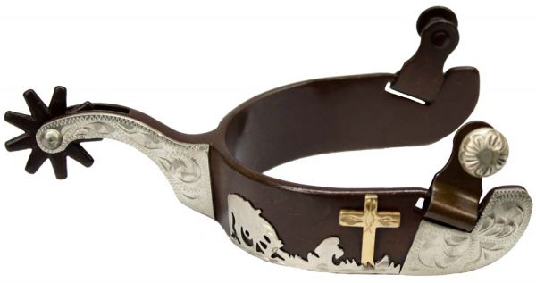 Showman men's size brown steel silver show spur with praying cowboy design