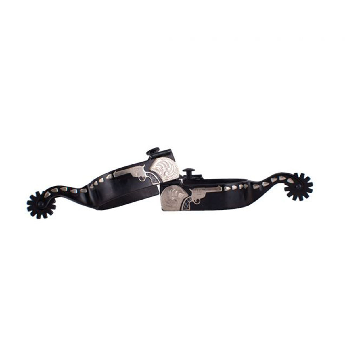 Showman Men's Black Steel Spur with Silver Gun Overlay