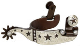 Showman youth size antique brown steel silver show spur with cut out star and dot overlay