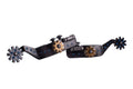 Showman Antique gray steel spur with blue rhinestones and gold accent