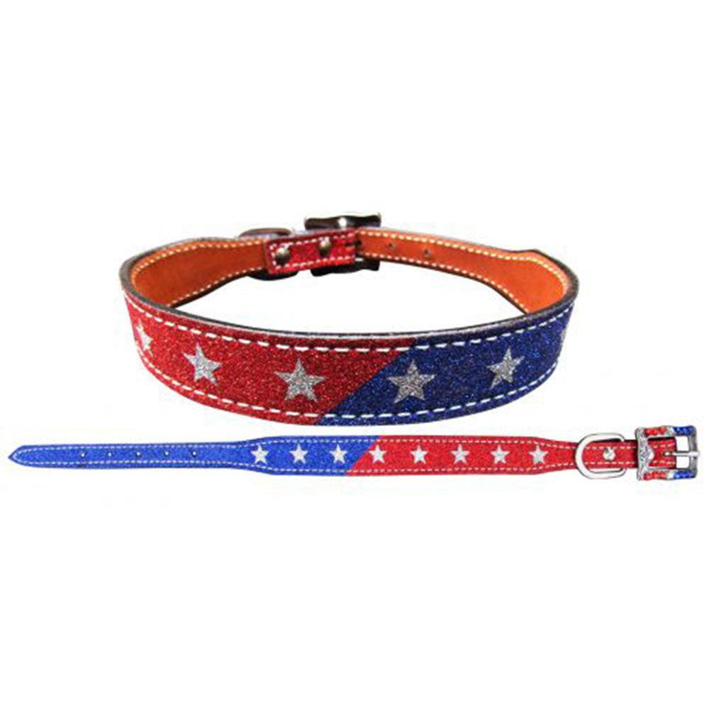 Showman Couture Red and Blue Glitter overlay leather dog collar with silver glitter stars