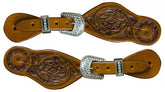 Showman Youth size floral tooled spur straps with crystal rhinestone buckles