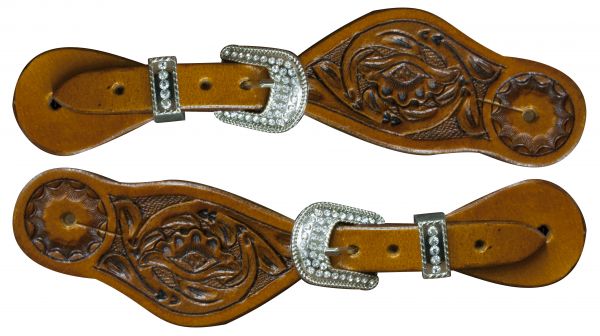 Showman Youth size floral tooled spur straps with crystal rhinestone buckles