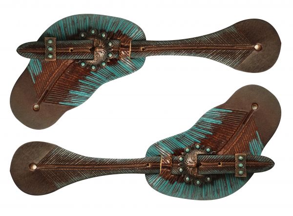 Showman Teal and copper painted feather spur straps