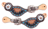 Showman Ladies Sunflower Tooled Spur Straps with turquoise buckstitch trim