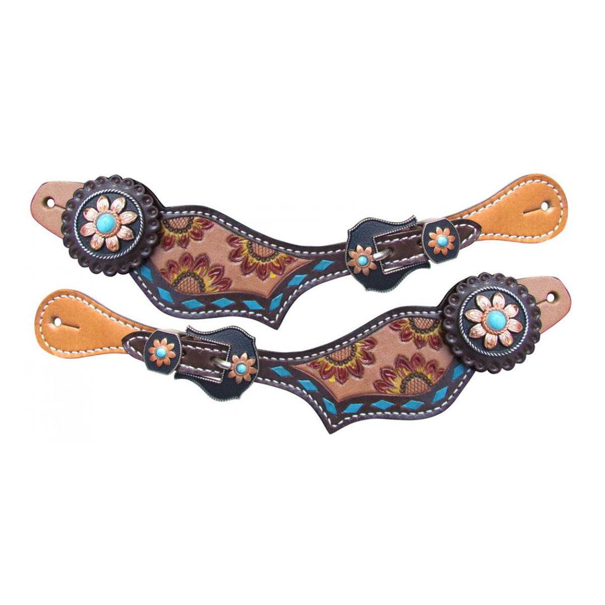 Showman Ladies Hand Painted Sunflower Spur Straps with Turquoise Buckstitch